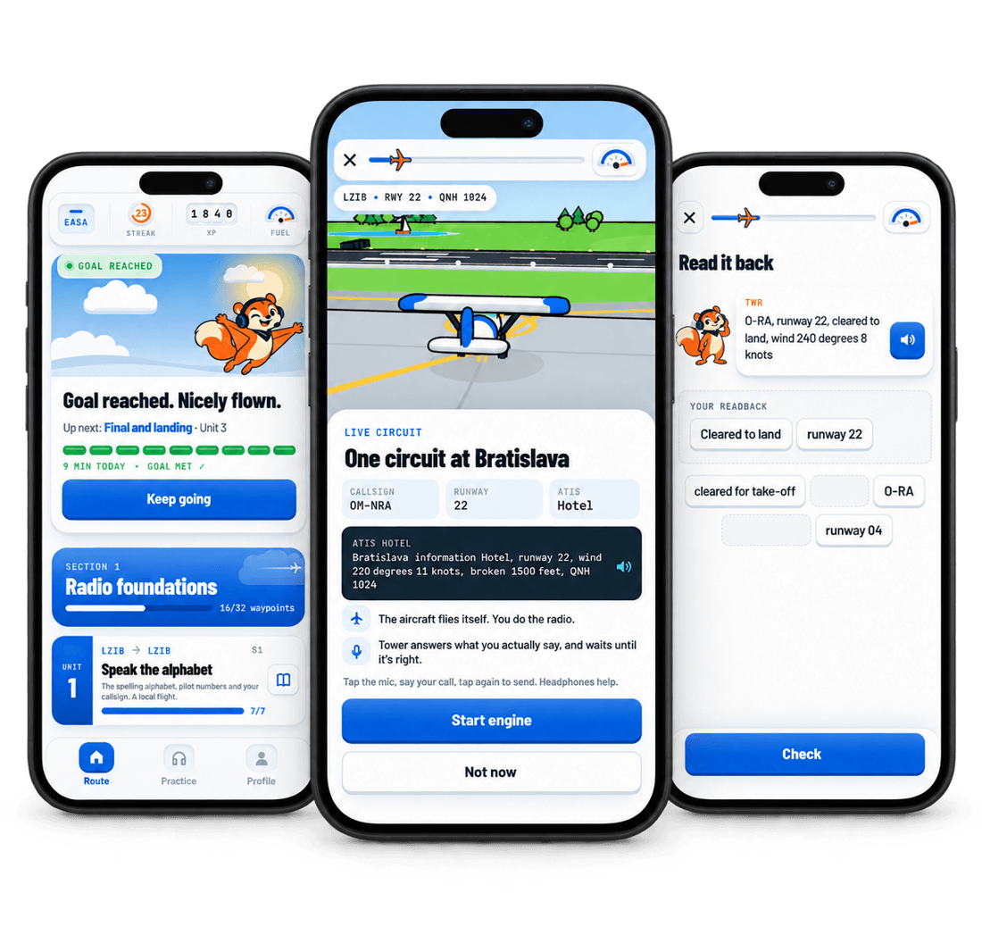 Three phone screens of a pilot radio-training app