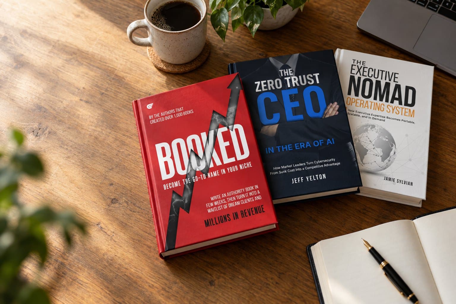 BOOKED, The Zero Trust CEO and The Executive Nomad: books produced by Entrepedia, on a desk